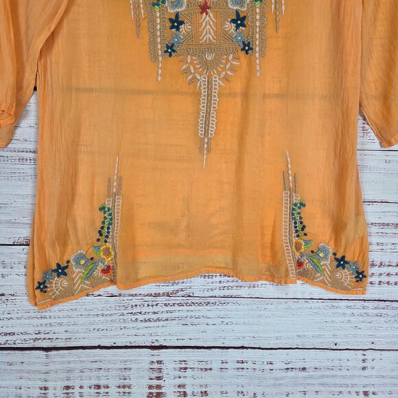 Johnny Was Orange Tropical Blouse (S) Multicolor Emboidered Whimsy Fairy V-Neck - Picture 7 of 13
